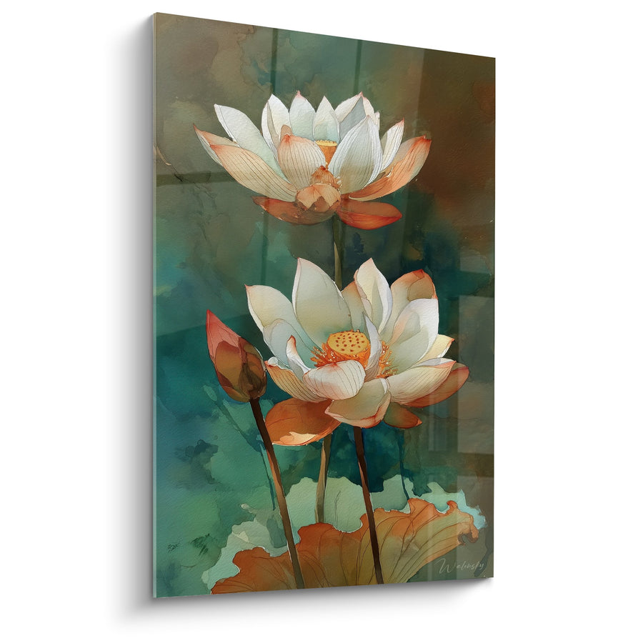 Schilderij Waterlelies Wit en Oranje met Turquoise Tinten - Aquatische Elegantie - Editie Waterlelie