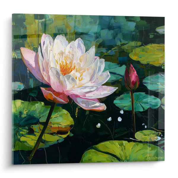 Schilderij witte en roze waterlelies met rode knop in smaragdgroene vijver - Watertuin - Waterlelie Editie