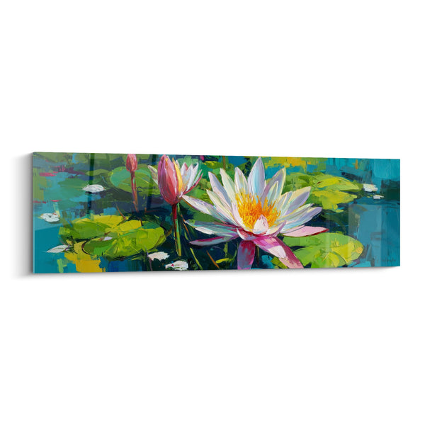 Schilderij: Stralende Waterlelies met Witte en Roze Bloemblaadjes op Turquoise Water - Aquatische Sereniteit - Waterlelie Editie