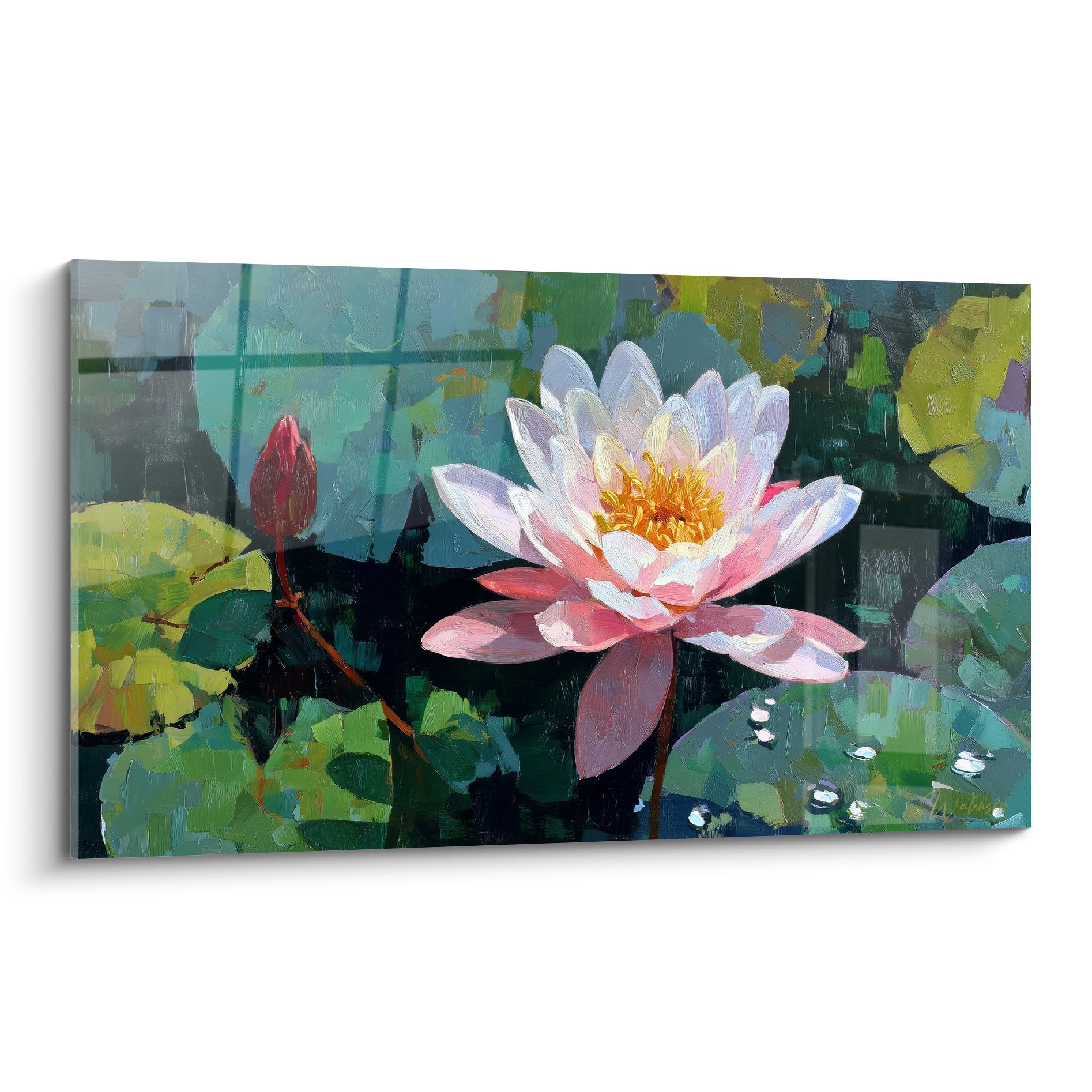 Tableau peinture nénuphars blancs roses étang turquoise style impressionniste moderne zen aquatique