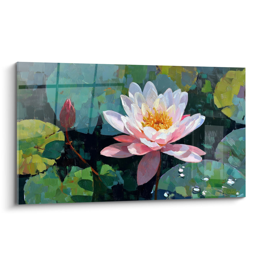 Schilderij Witte en roze waterlelies in bloei in een vijver met turquoise reflecties - Aquatische sereniteit - Waterlelie-editie
