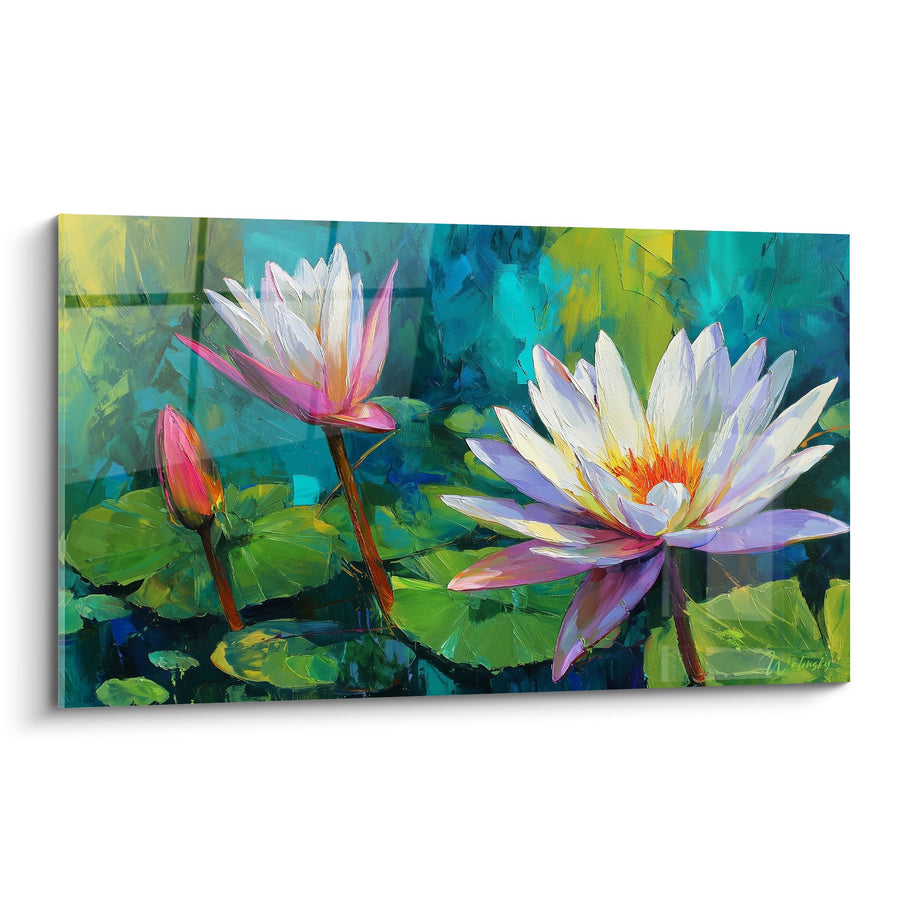 Schilderij Waterlelies wit en roze met turquoise reflecties - Aquatische sereniteit - Editie Waterlelie