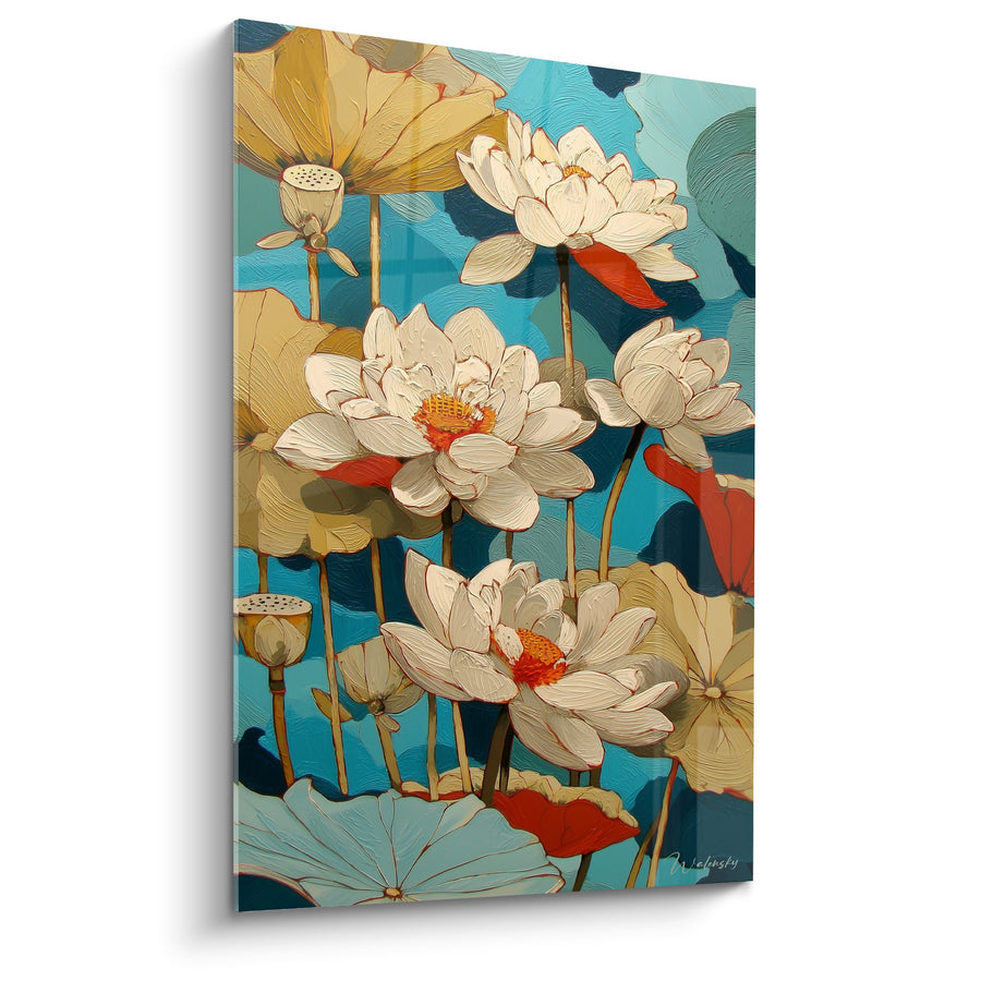 Schilderij Waterlelies Wit en Goud op Turquoise Achtergrond - Ocea Tuin - Editie Waterlelie