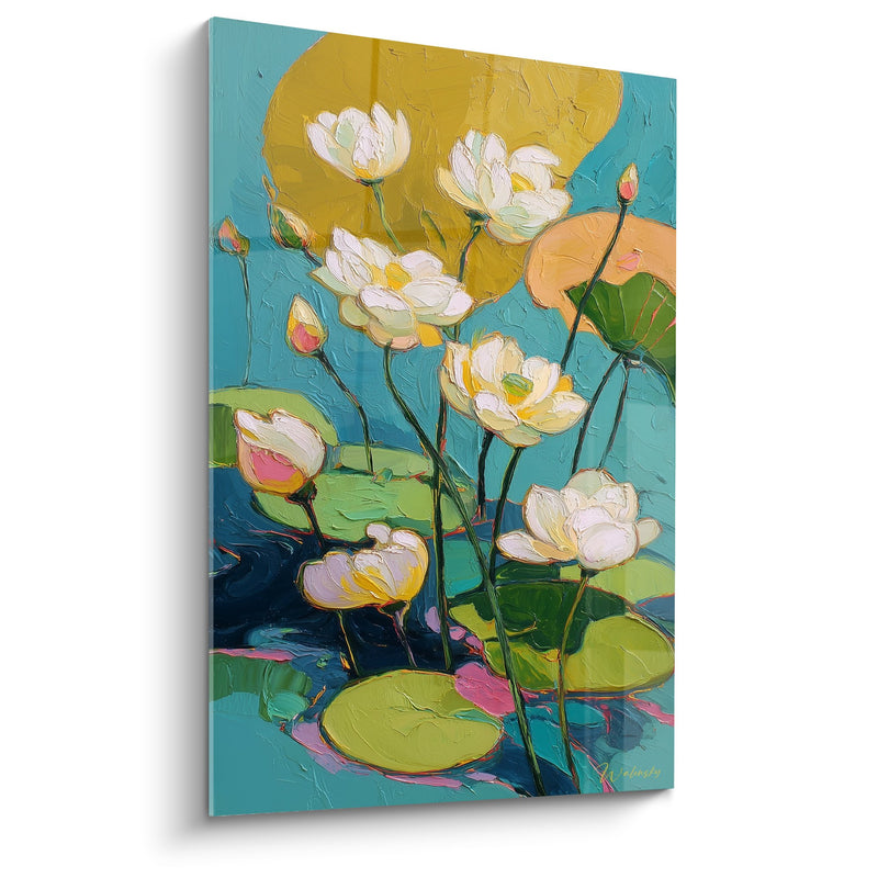 Tableau Nénuphars Blancs sur Eau Turquoise aux Reflets Dorés - Sérénité Aquatique - Edition Nénuphare