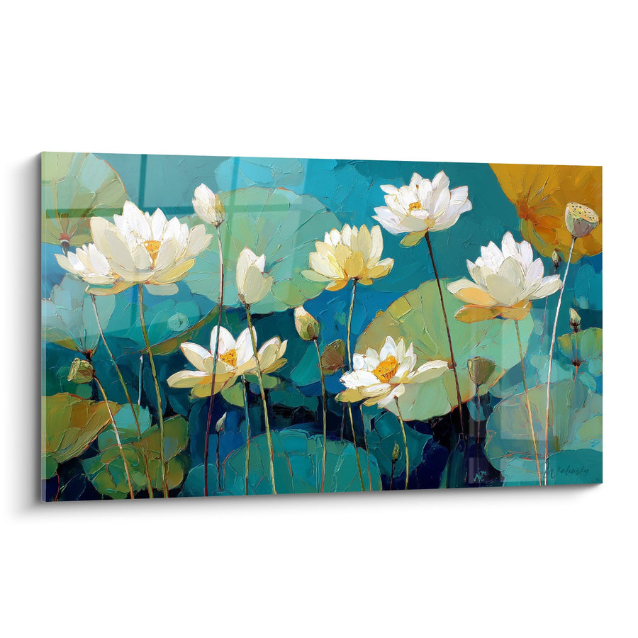 Tableau nénuphars blancs sur fond turquoise et ocre - Jardin Aquatique - Edition Nénuphare