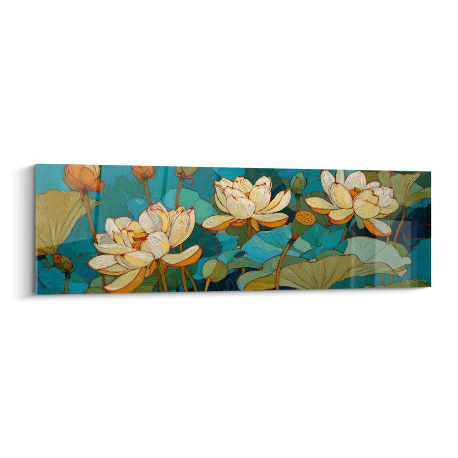Schilderij Waterlelies wit en geel op turquoise achtergrond - Aquatische sereniteit - Editie Waterlelie