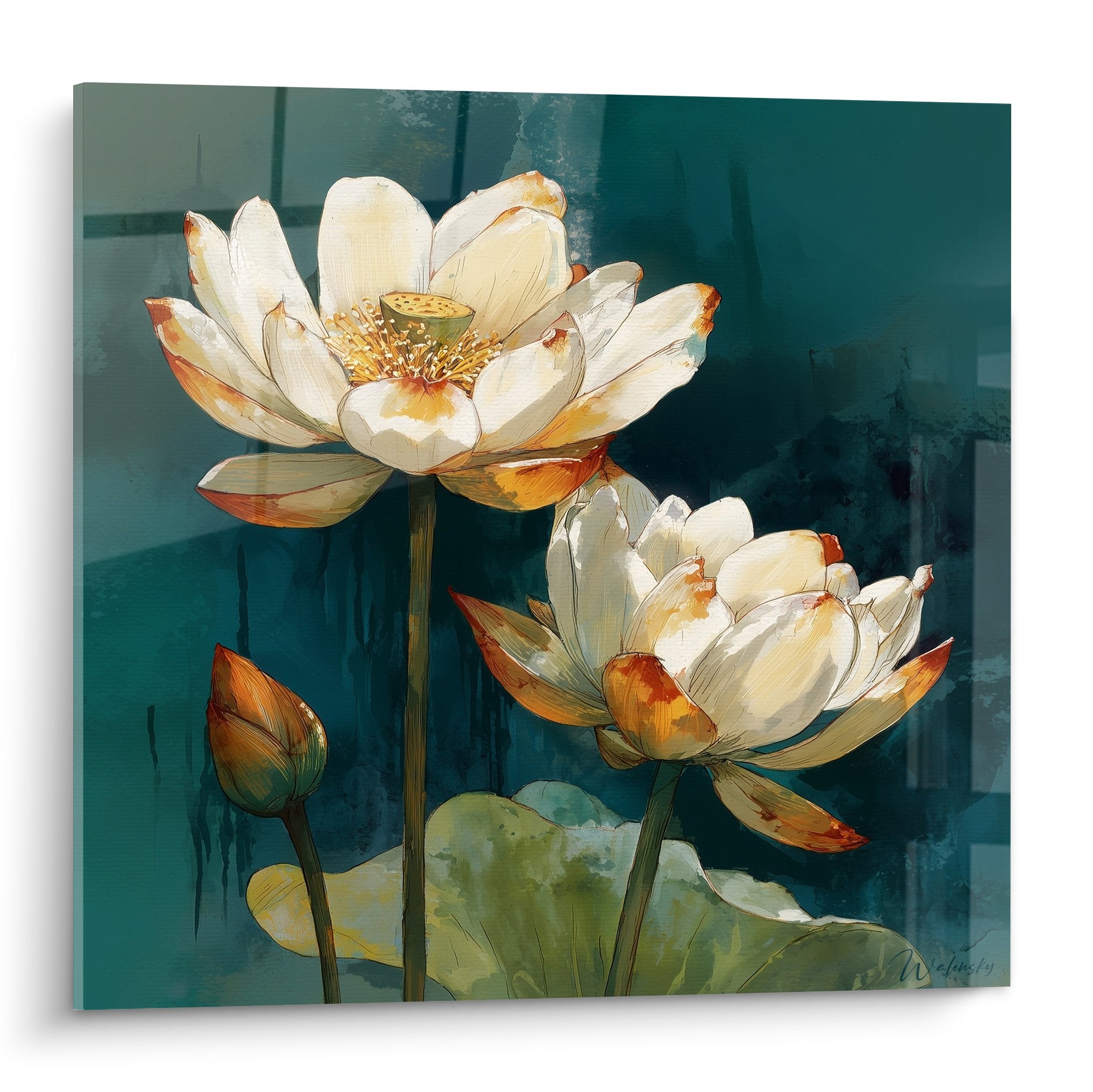 Tableau nénuphars blancs fond turquoise avec touches orange doré style contemporain zen