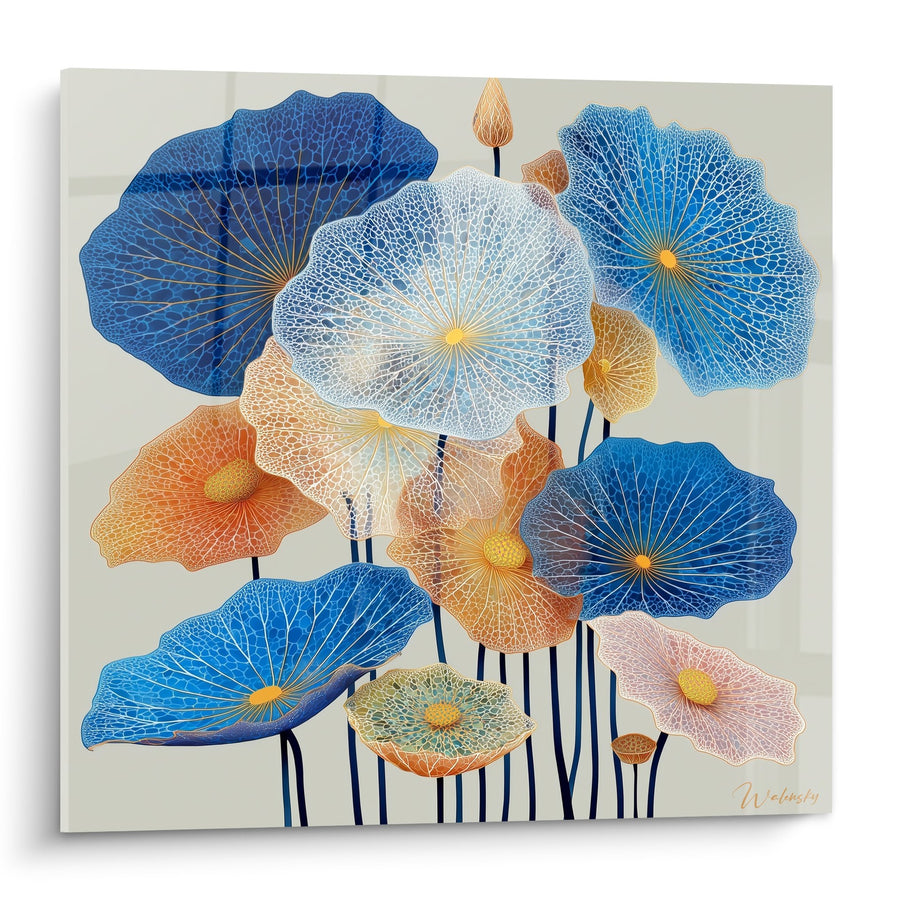 Tableau Nénuphars Bleus et Dorés aux Tiges Élancées - Jardin Aquatique - Edition Nénuphare