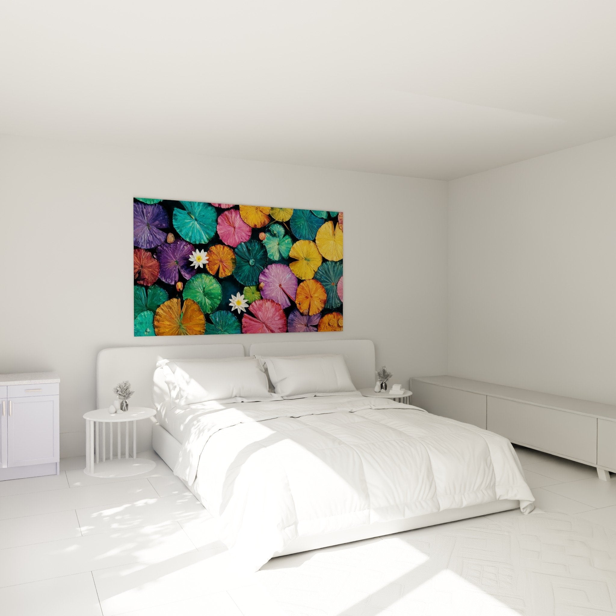 Tableau nénuphars colorés violet turquoise orange décorant chambre moderne murs clairs ambiance zen relaxante