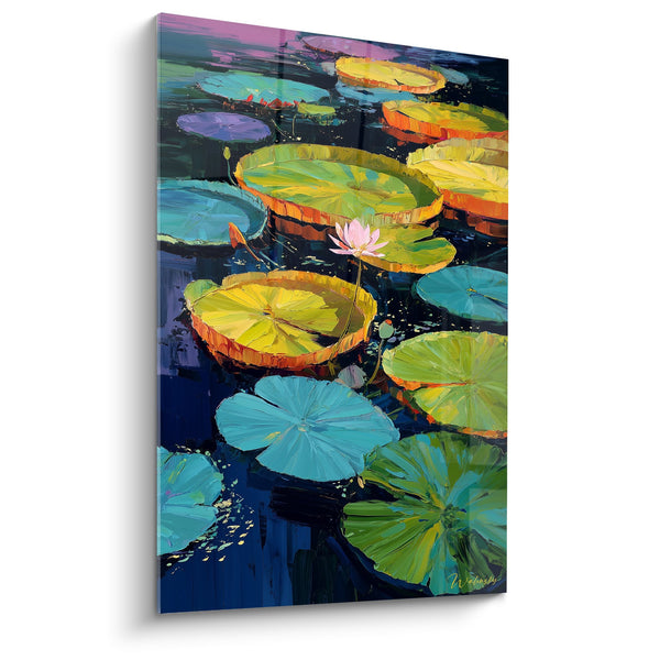 Colorful Water Lily Painting on Dark Water with Delicate Pink Flower - Impressionist Aquatic Garden - Water Lily Edition