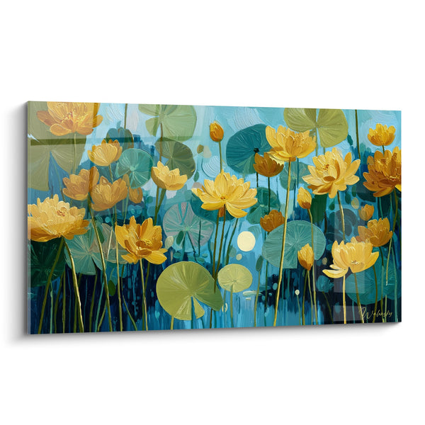 Quadro Ninfee Dorate su Sfondo Azzurro - Giardino Acquatico Impressionista - Edizione Ninfea