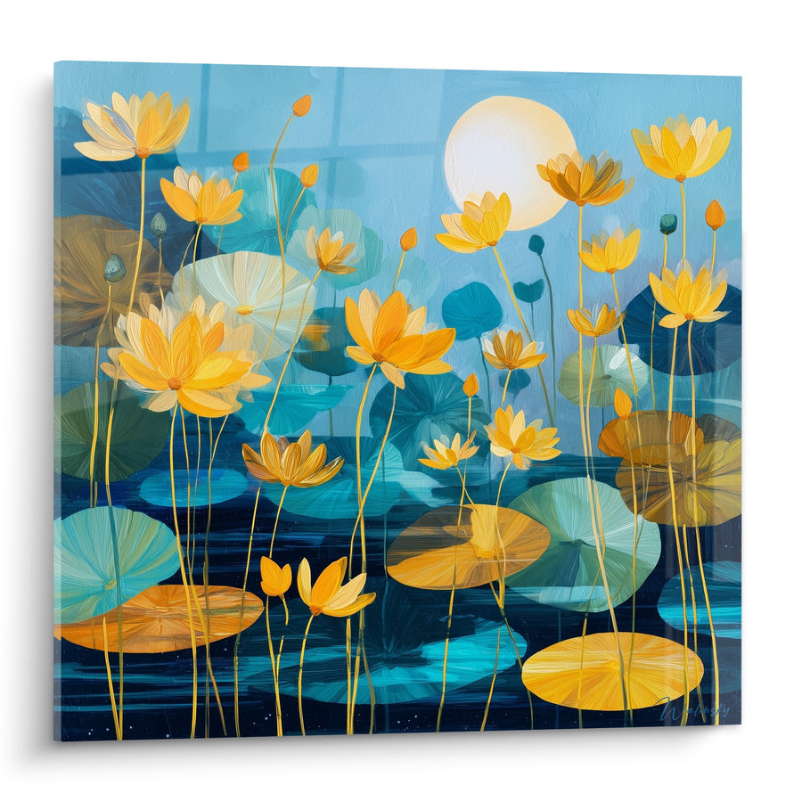 Tableau Nénuphars Dorés sur Fond Bleu Turquoise - Jardin Aquatique Lumineux - Edition Nénuphare