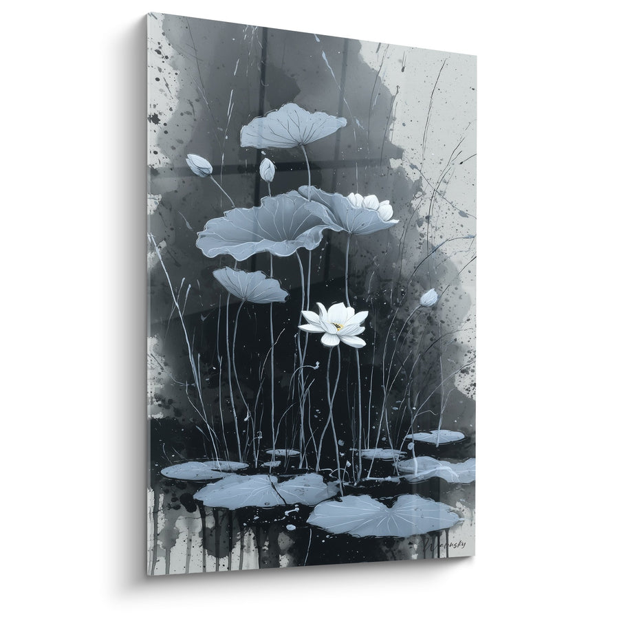 Tableau Nénuphars et Lotus Blanc sur Fond Gris Abstrait - Sérénité Aquatique - Edition Nénuphare