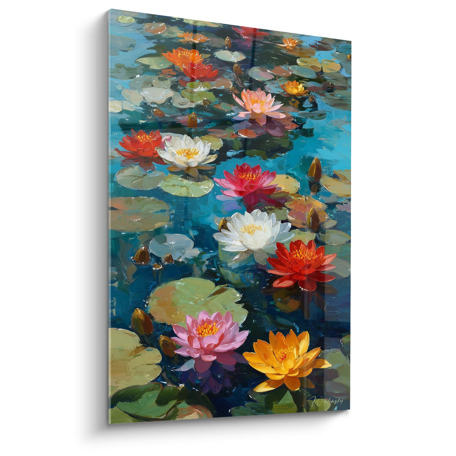 Tableau nénuphars multicolores sur bassin bleu turquoise - Symphonie aquatique - Edition Nénuphare