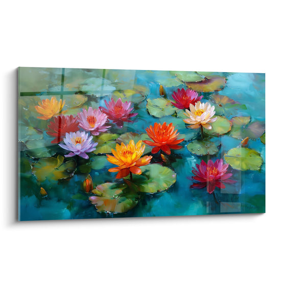 Tableau nénuphars colorés rose orange violet sur eau turquoise avec feuilles vertes flottantes style impressionniste