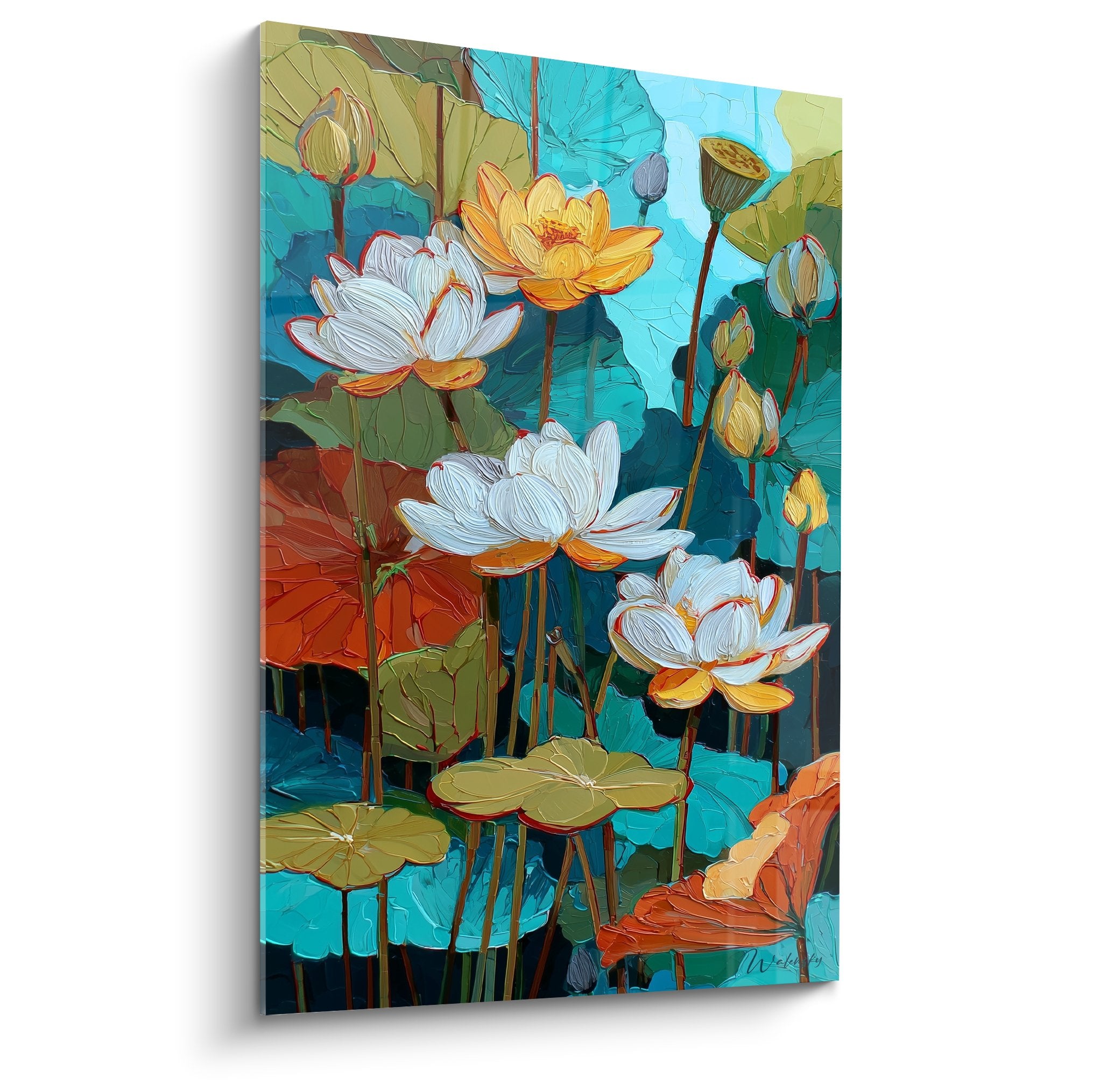 Tableau nénuphars multicolores fleurs blanches jaunes sur feuillage turquoise orange style contemporain