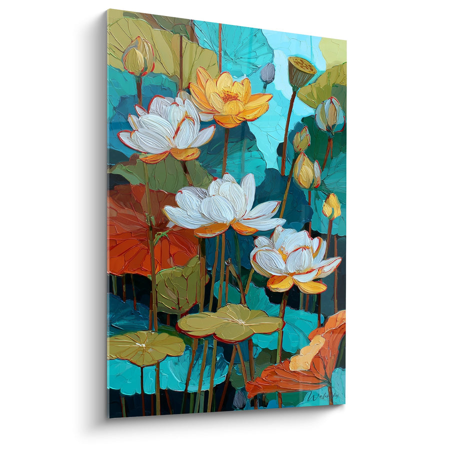 Tableau Nénuphars Multicolores Fleurs Blanches et Jaunes sur Feuillage Turquoise - Jardin Aquatique - Edition Nénuphare