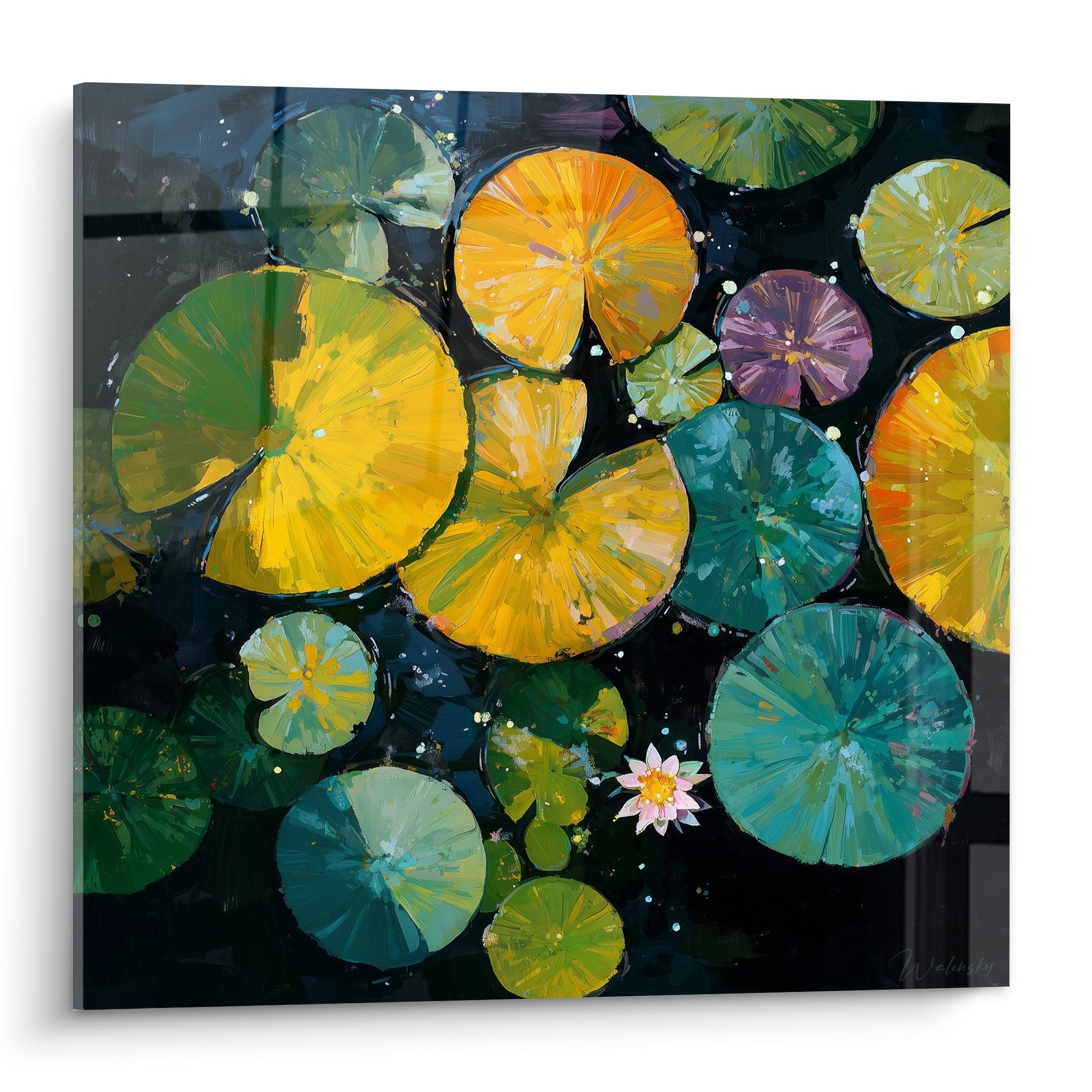 Tableau de nénuphars colorés flottant sur eau sombre avec fleur de lotus blanche centrale