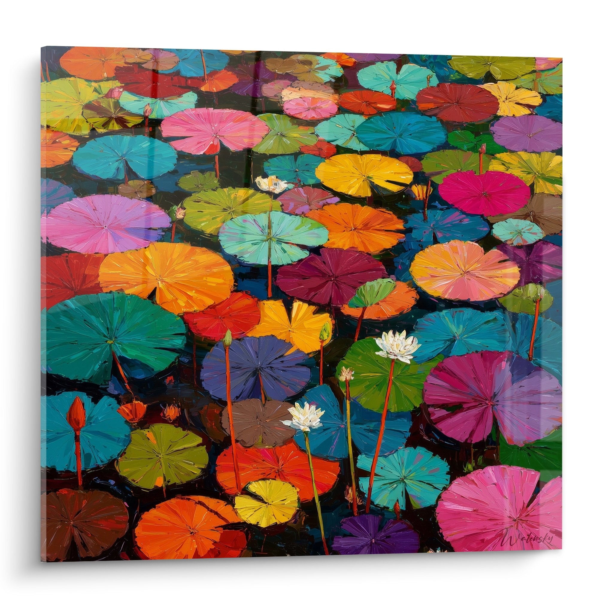 Tableau moderne nénuphars multicolores aux teintes vives orange rose bleu avec lotus blancs sur fond sombre aquatique