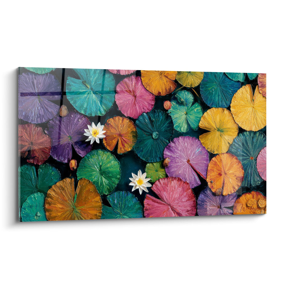 Tableau Nénuphars Multicolores Violets Turquoise Orange sur Fond Sombre - Symphonie Aquatique - Edition Nénuphare