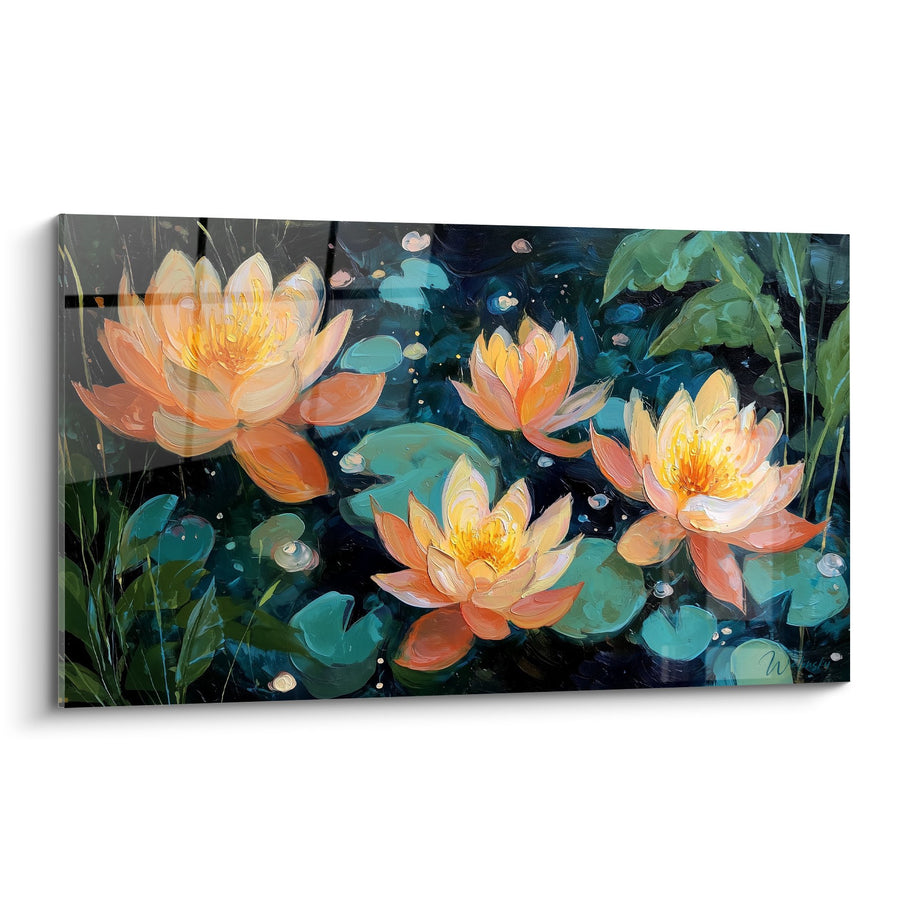 Tableau Nénuphars orange et jaune sur eau turquoise - Sérénité aquatique - Edition Nénuphare
