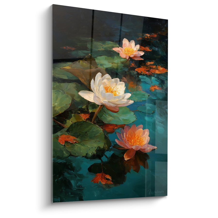 Tableau Nénuphars Rose et Blanc Flottant sur Eau Turquoise avec Reflets - Sérénité Aquatique - Edition Nénuphare
