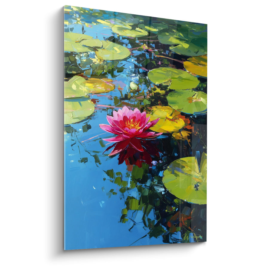 Tableau Nénuphars Rose Vif et Feuillages Verts sur Eau Bleue Miroitante - Jardin Aquatique - Edition Nénuphare