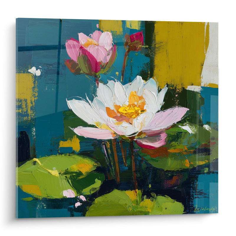Quadro Ninfee Rosa e Bianche su Fondo Astratto Blu e Giallo - Sinfonia Acquatica - Edizione Ninfea