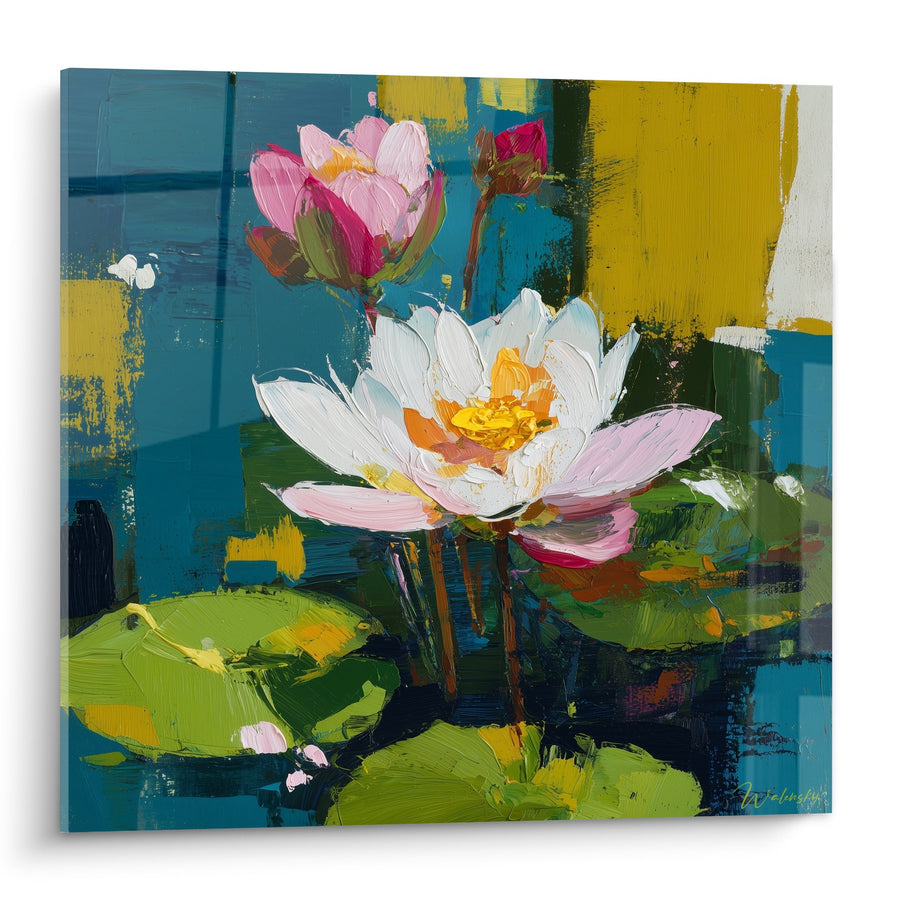 Tableau Nénuphars roses et blancs sur fond abstrait bleu et jaune - Symphonie aquatique - Edition Nénuphare