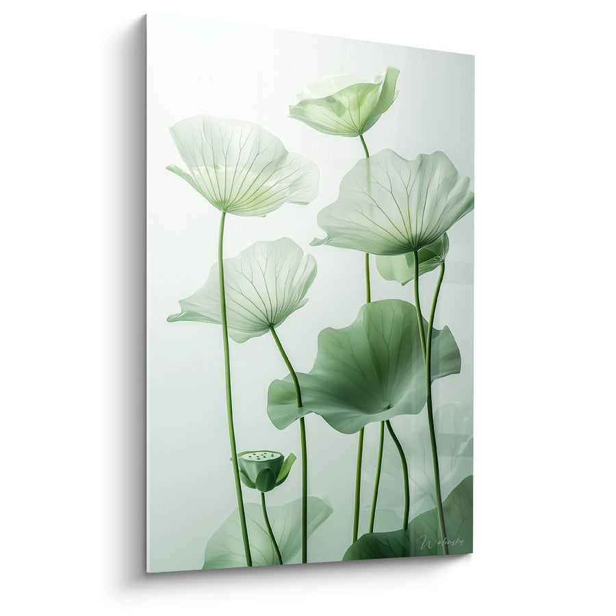 Schilderij Waterlelies Translucente Bladeren en Zaadhoofden - Botanische Elegantie - Editie Waterlelie