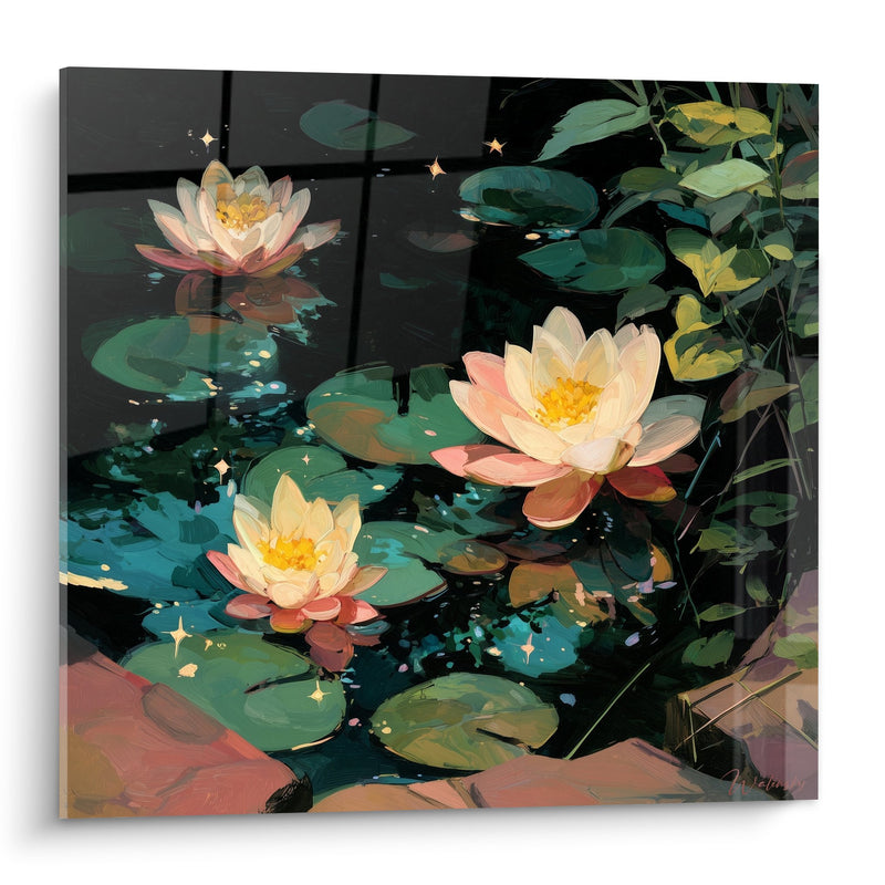 Luminous Water Lilies on Nocturnal Basin with Golden Reflections - Aquatic Serenity - Water Lily Edition