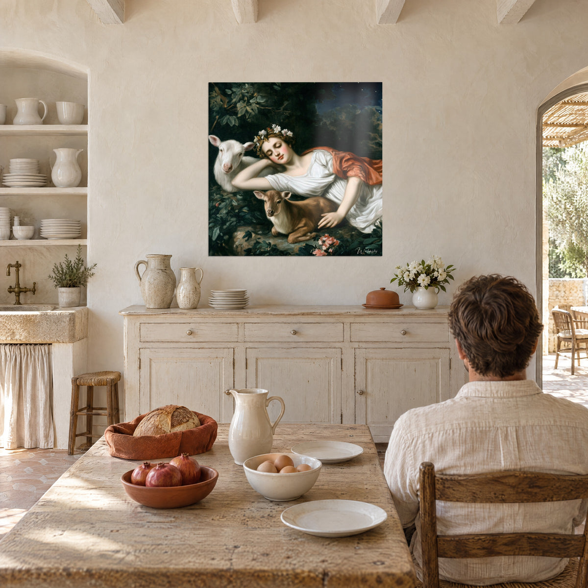 Wall art dozing shepherdess, crown of white flowers, fawn lying against green foliage, in the kitchen of a Provençal farmhouse