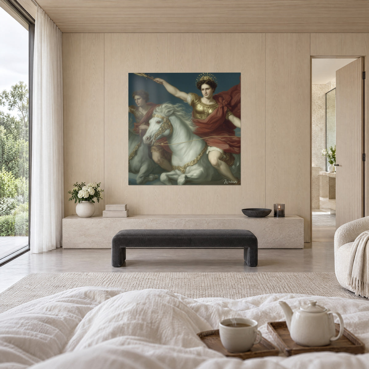 Cuadro de un conquistador con corona dorada y capa escarlata sobre un semental blanco, encima de una cama en un dormitorio luminoso