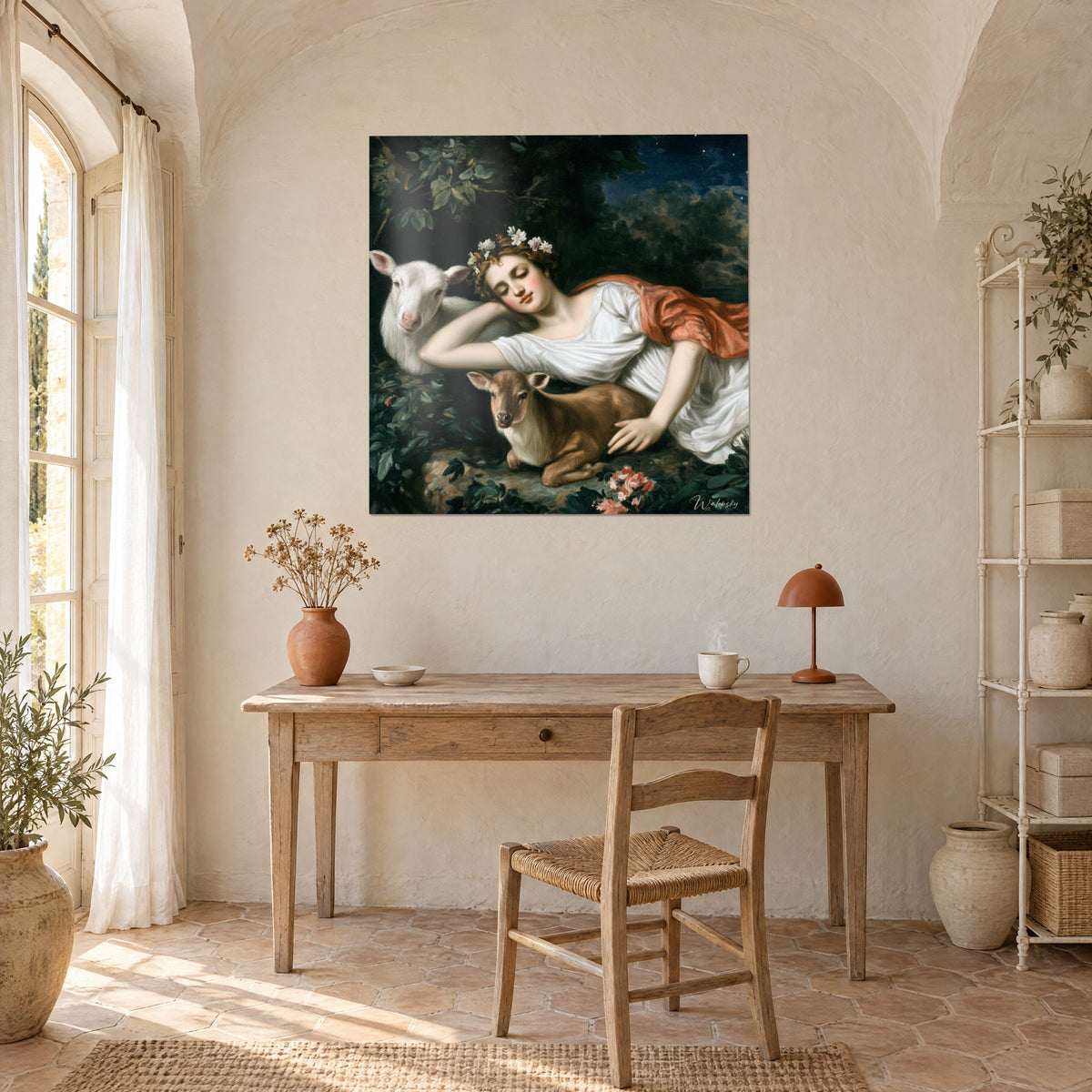 Wall art protective Diana reclining, white silk dress, young brown fawn and ivory lamb, hung above a wooden desk