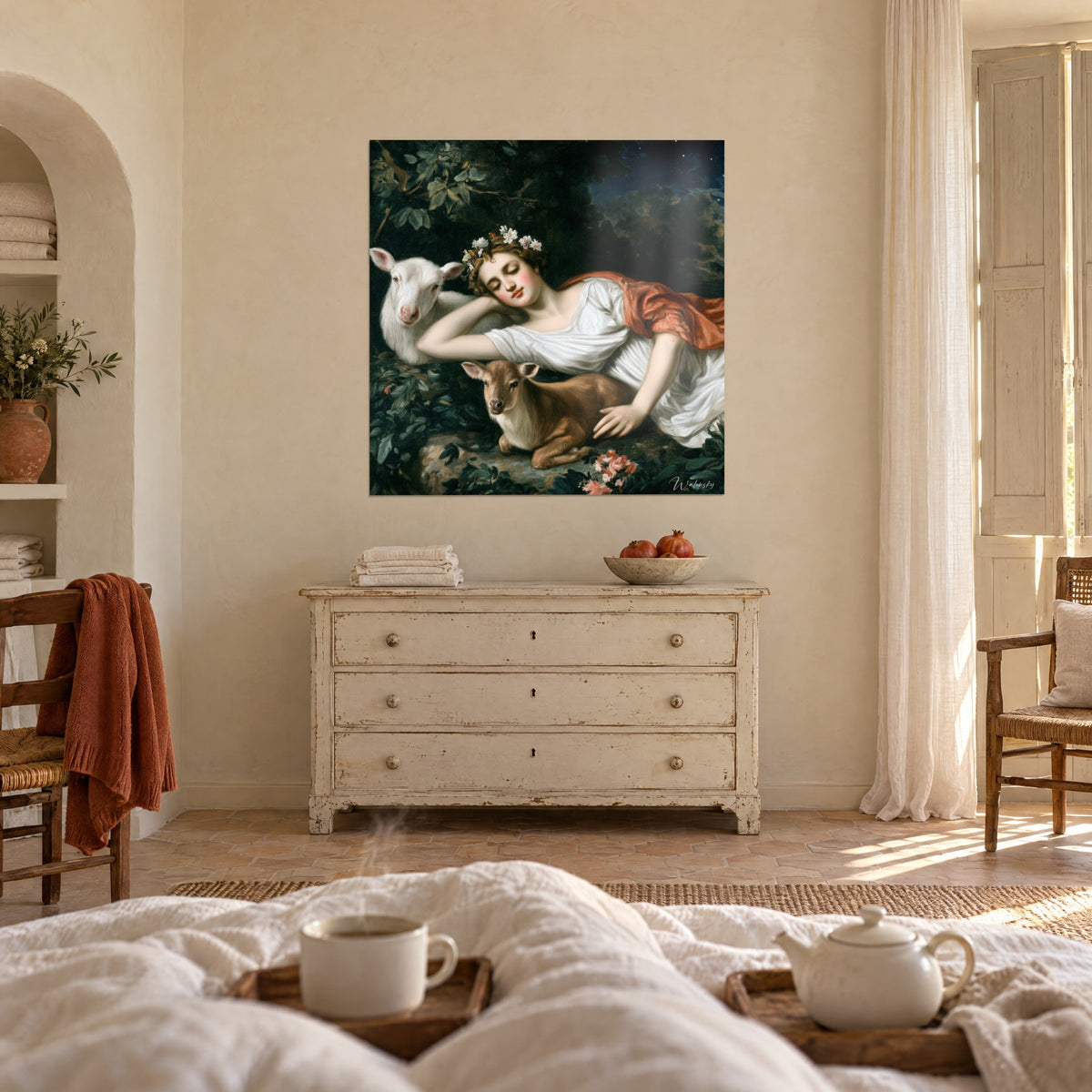 Wall art neoclassical portrait of a sleeper with rosy cheeks, coral scarf, starry night, hanging above a bed in a light bedroom