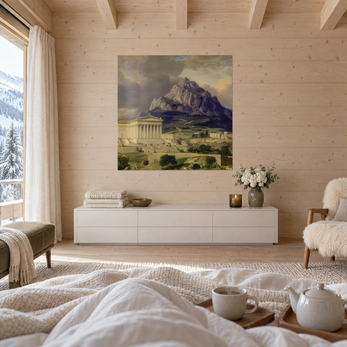Cuadro santuario con peristilo bajo un cielo tormentoso púrpura y ocre, sobre una cama en un dormitorio luminoso