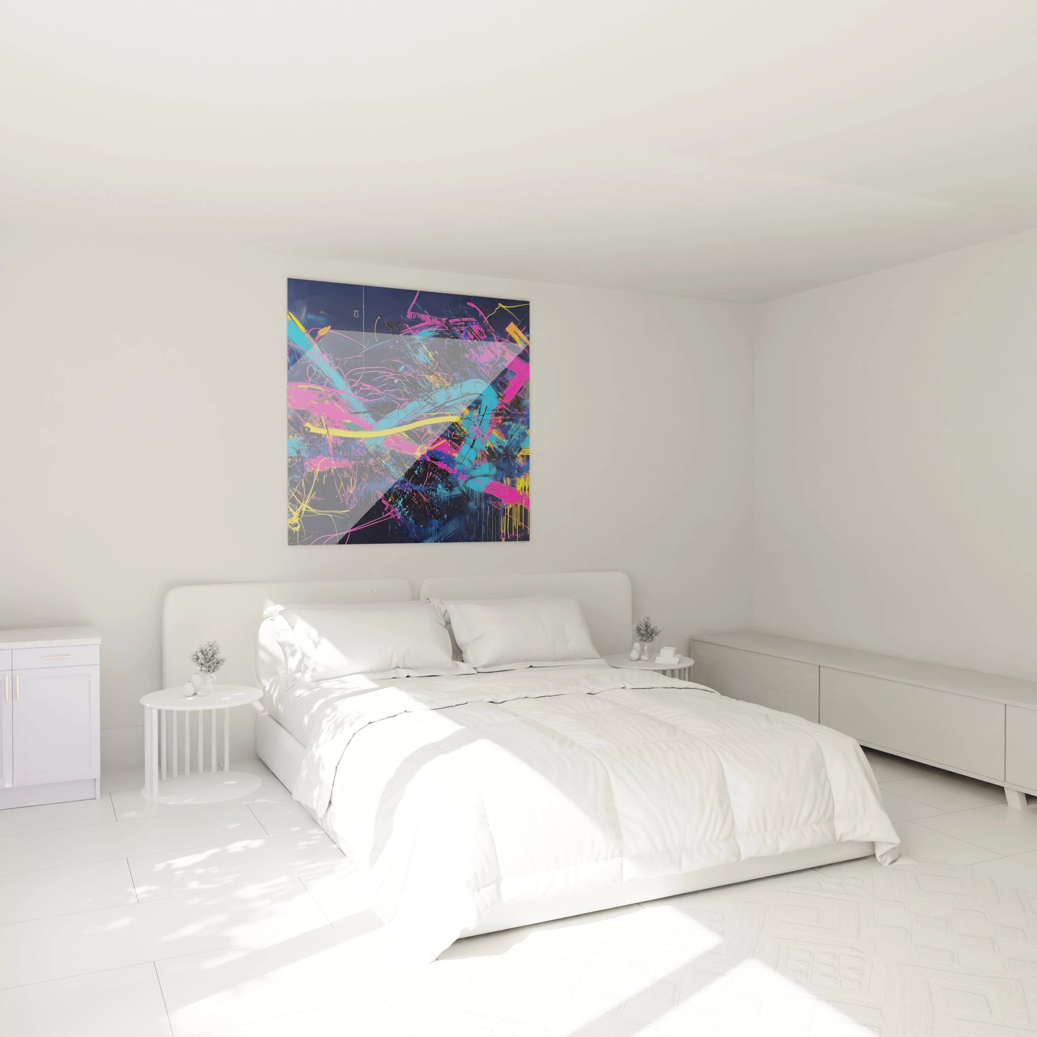 Un tableau abstrait urbain où s'entremêlent des traits de peinture bleu turquoise, rose fluorescent et jaune brillant, formant une composition chaotique maîtrisée avec des textures variées entre zones lisses et empâtements expressifs sur fond bleu nuit.
