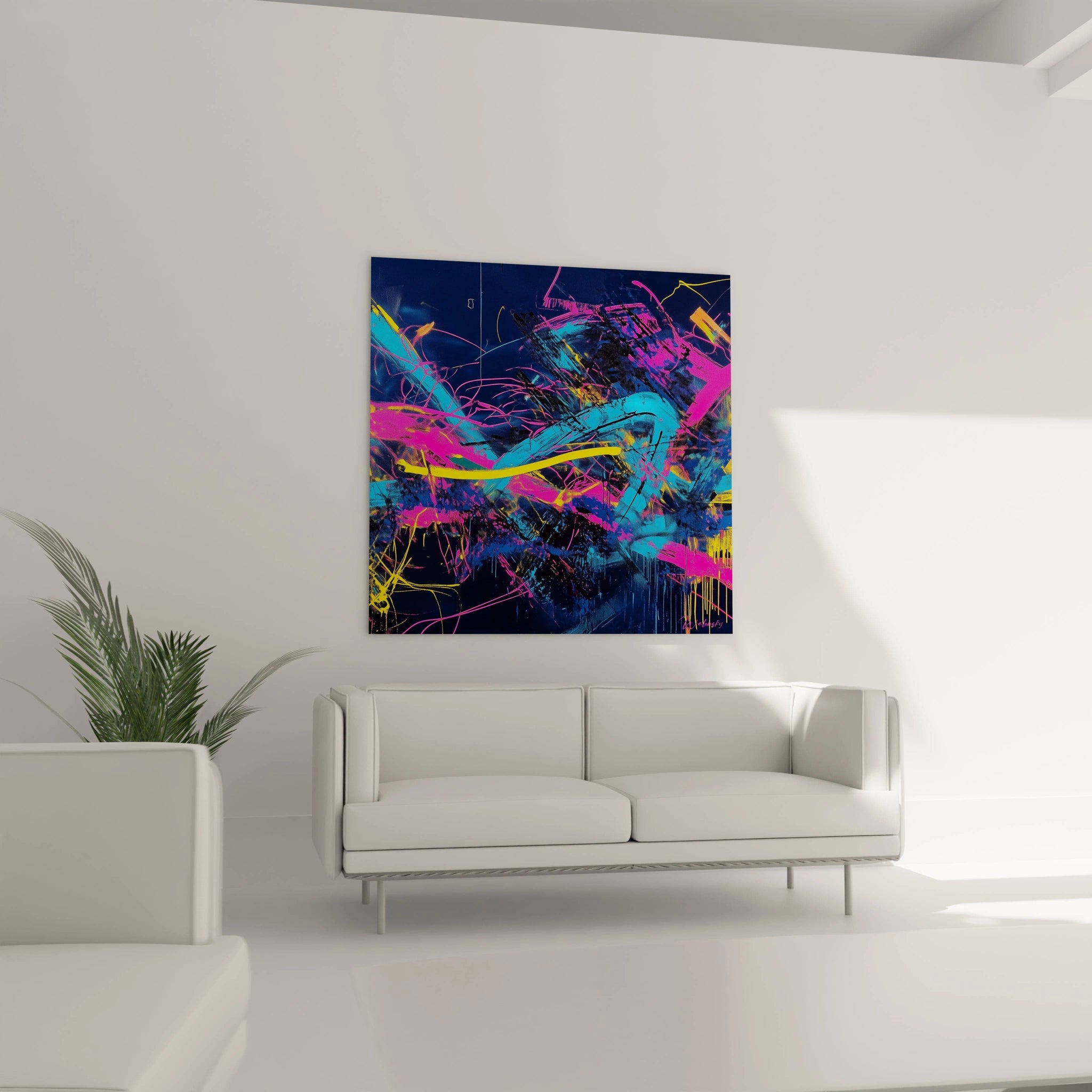 Un tableau street art caractérisé par une explosion de couleurs néon - bleu électrique, rose vif et jaune - sur fond sombre, avec des mouvements circulaires et des lignes dynamiques formant une structure visuelle complexe et énergique.
