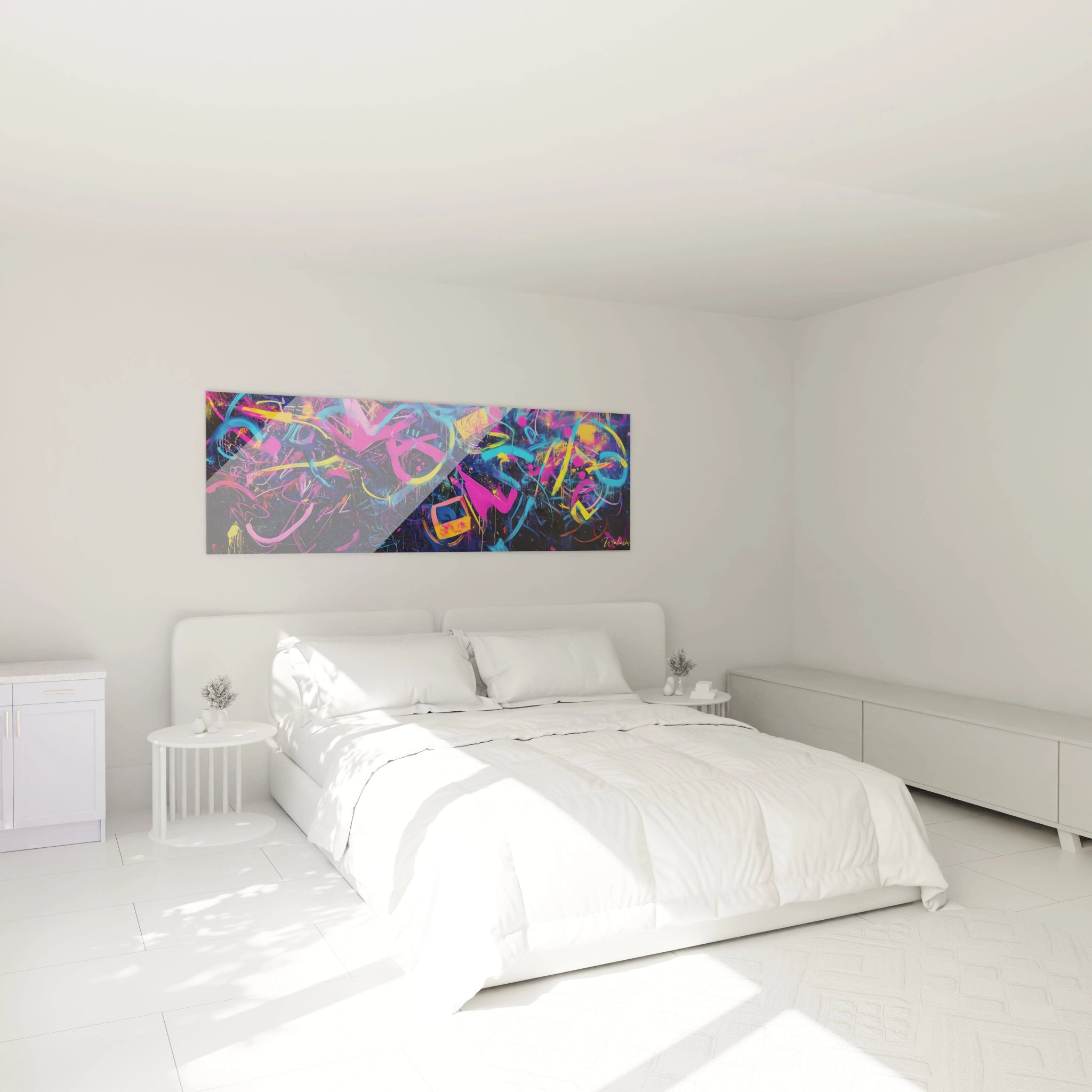 Un tableau graffiti urbain offrant une explosion de couleurs fluorescentes - principalement rose, bleu et jaune - sur un fond noir spatial, avec des traits entrecroisés évoquant le mouvement et le rythme, rehaussés par des éclaboussures et coulures contrôlées.
