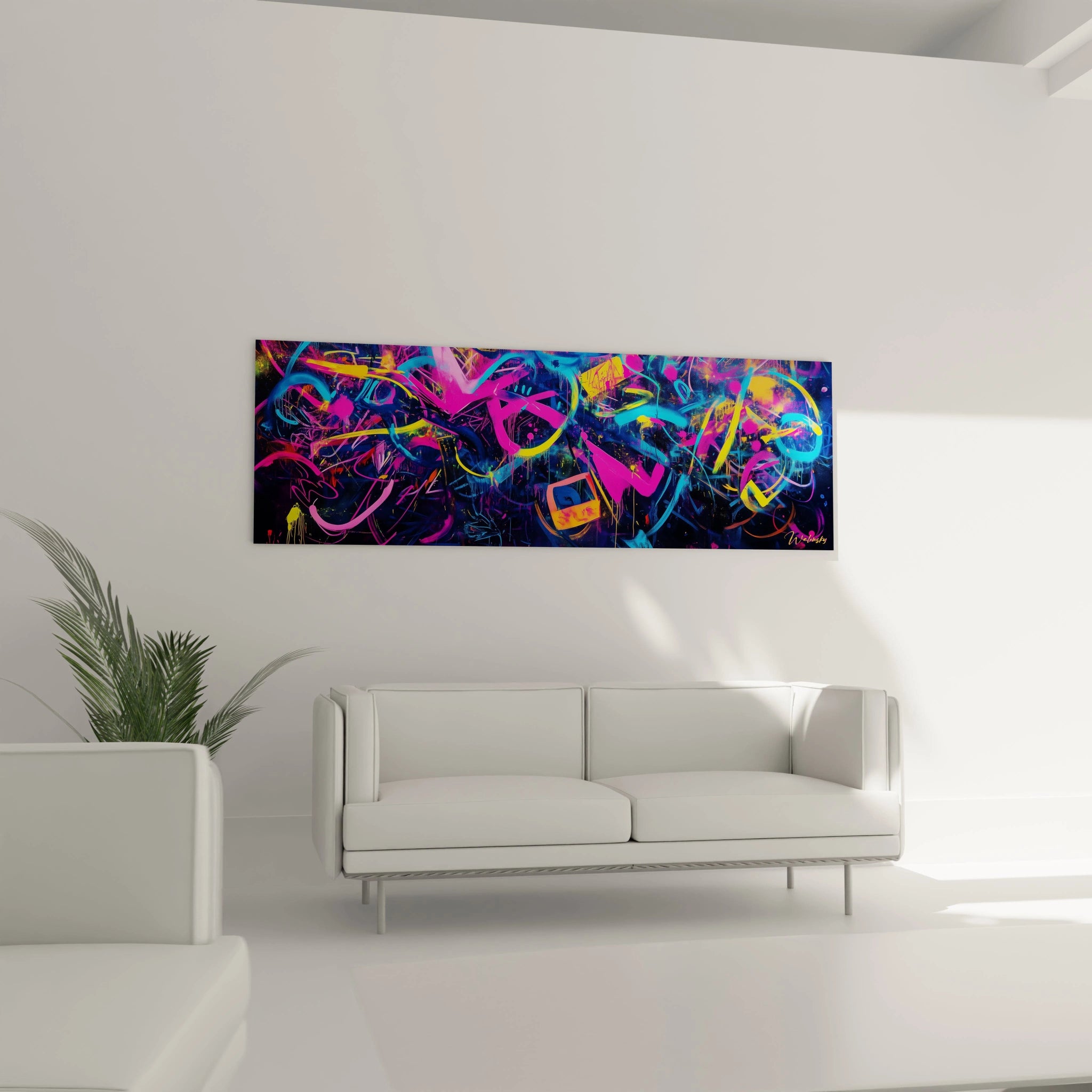 Un tableau graffiti abstrait où s'entrelacent des formes calligraphiques fluides en teintes néon éclatantes - rose, bleu cyan et jaune - sur un arrière-plan noir intense, créant une composition horizontale dynamique aux multiples couches superposées.
