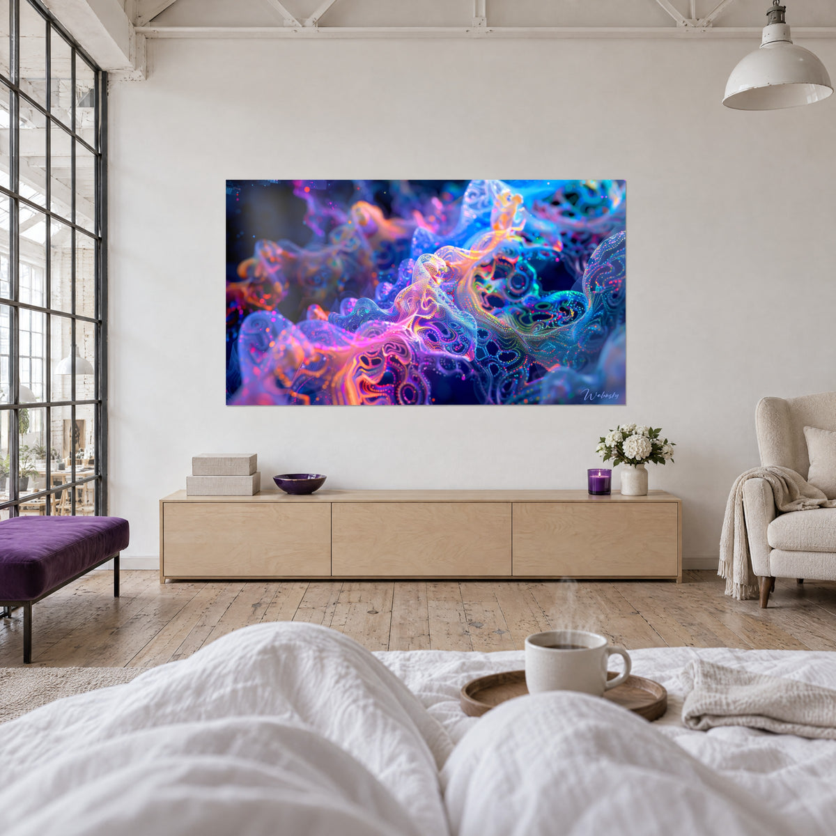Wall art pearlescent cellular arabesques in pink and turquoise, two people seen from behind above a bed in a bright bedroom