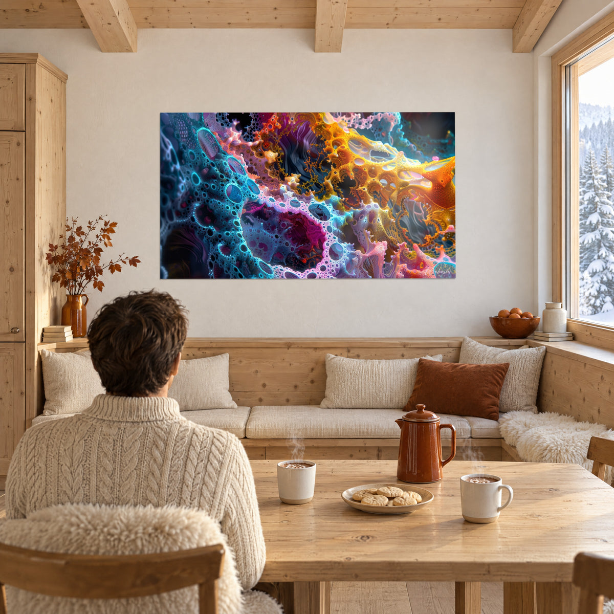 Schilderij gouden cellulaire vertakking met doorschijnende blauwe en paarse bellen, een persoon van achteren voor een chalettafel
