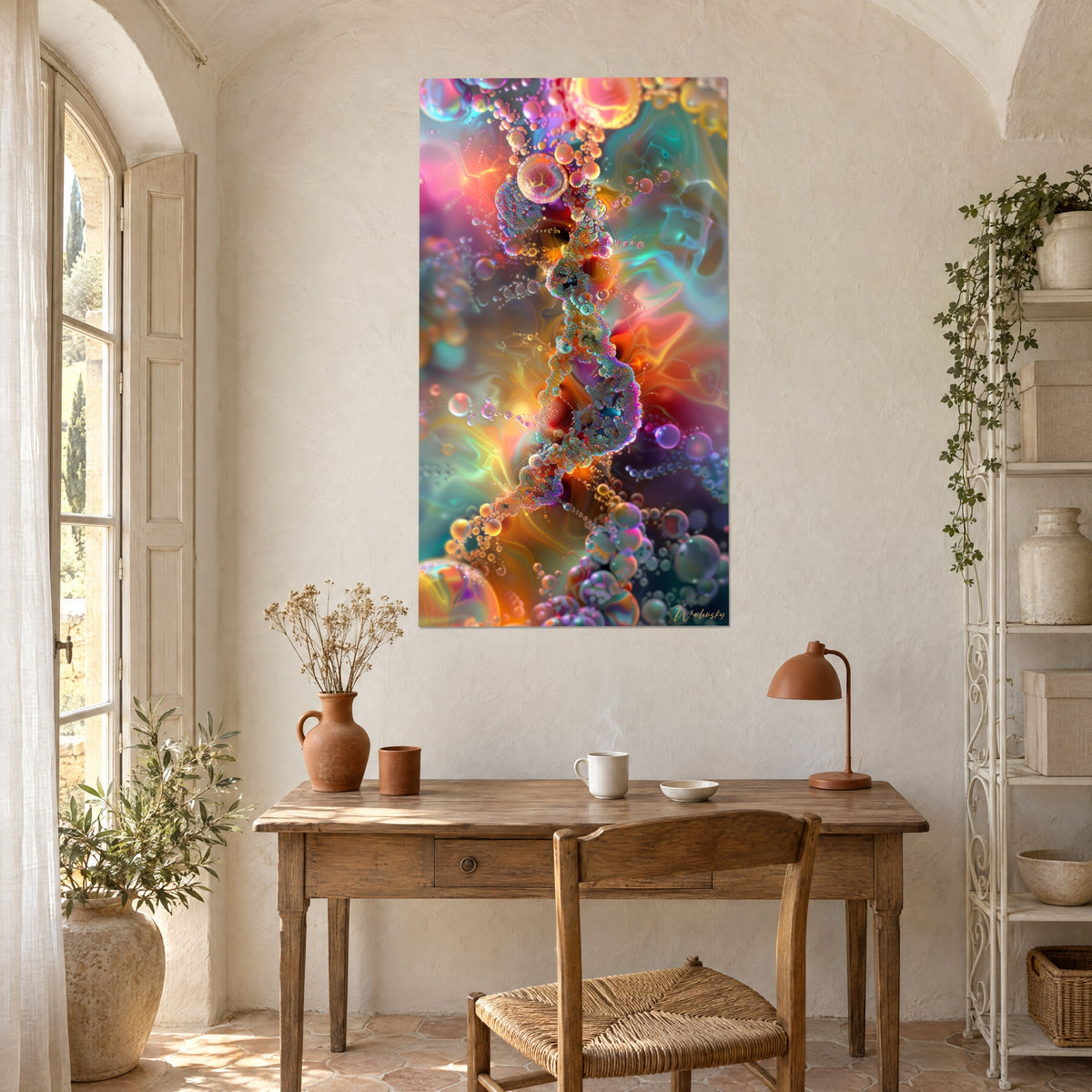 Wall art with a neural network of colorful droplets in vivid orange and deep blue, above a wooden desk and a lamp