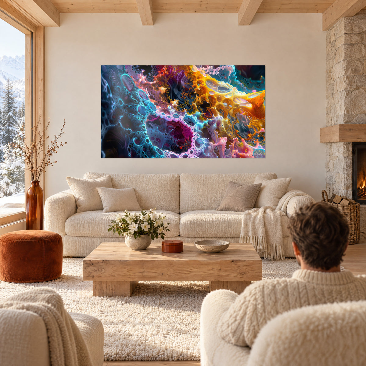 Schilderij fractaal neuraal netwerk in turquoise en amber, lichtgevend kant, een persoon van achteren, boven een bank in een lichte woonkamer
