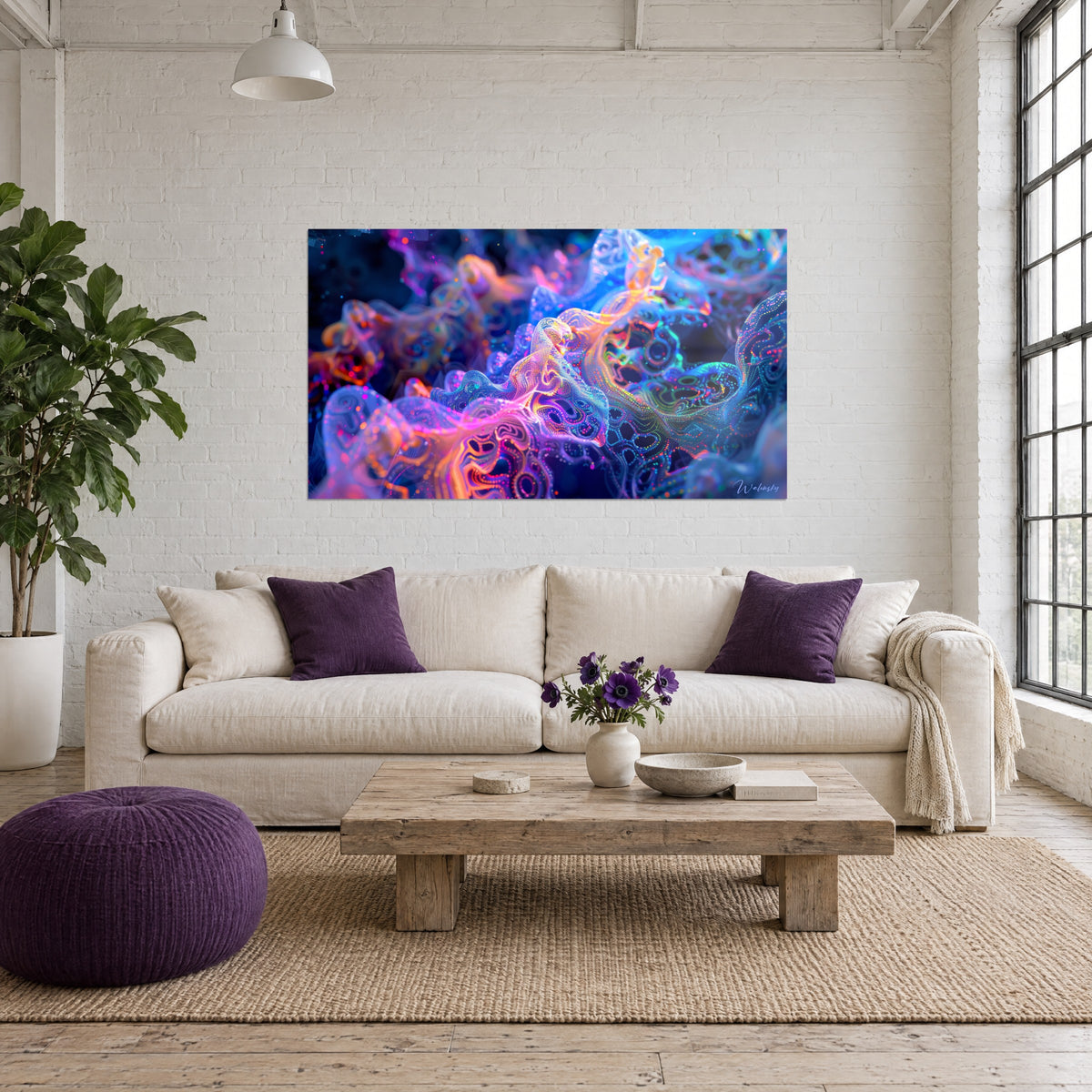 Wall art luminous neural network with fuchsia pink and electric blue swirls, above a sofa in a bright living room