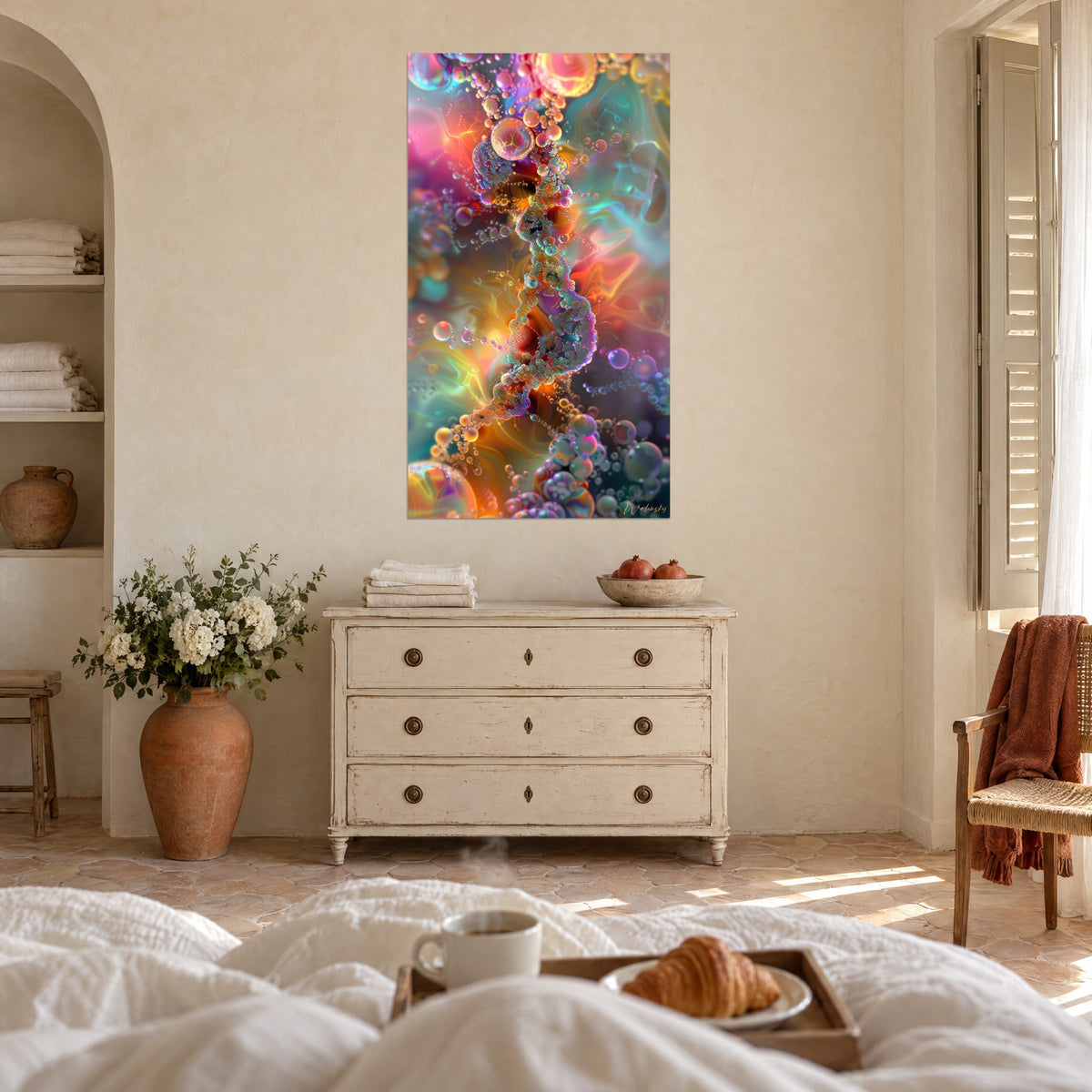 Wall art with a molecular chain of pearlescent bubbles in pink, blue and amber, hung above a bed in a bright bedroom