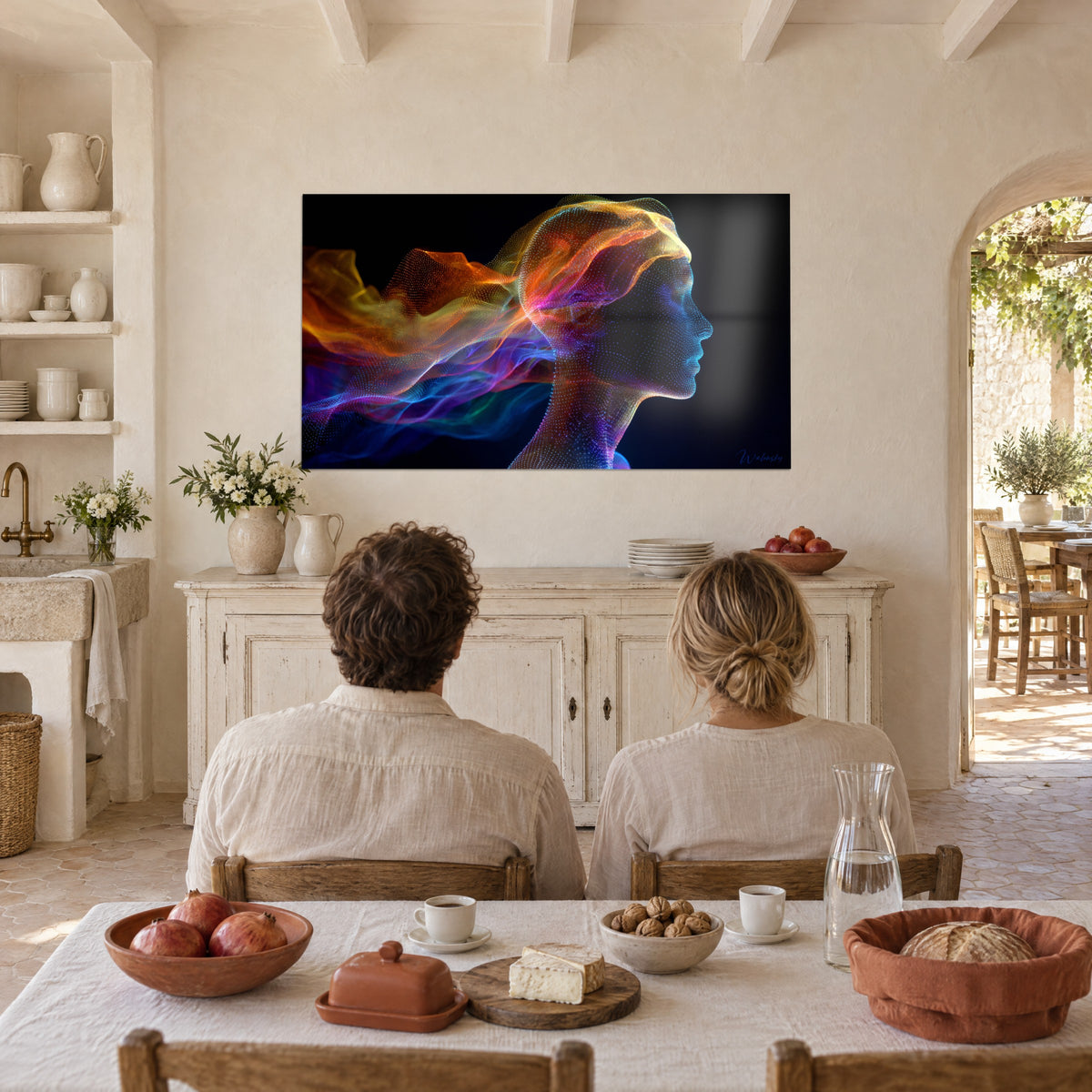 Tableau buste féminin en maillage lumineux, flux violet et ambre sur fond sombre, mur crépi blanc de salle à manger voûtée