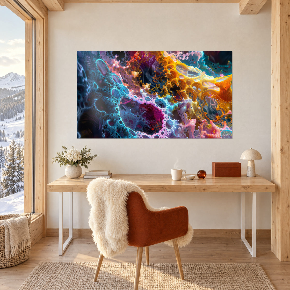 Schilderij fluorescerende koraalstructuur, mosterdgele en diepmagenta filamenten, tegenover een licht houten bureau met roestbruine fauteuil