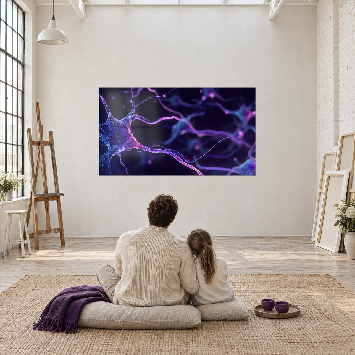 Gemälde neuronale Verästelung in Rosa, Blau und elektrischem Violett auf dunklem Grund, Paar von hinten auf einem Teppich sitzend, Loft