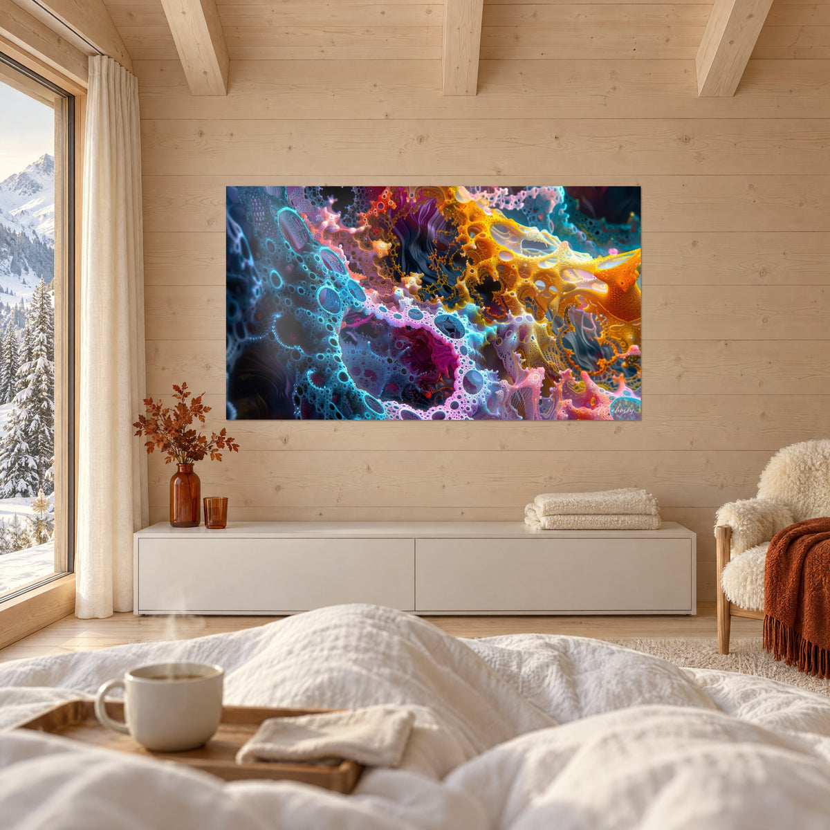 Schilderij microscopisch kant in oranje en turquoise met doorbroken cellen, boven een bed in een lichte slaapkamer